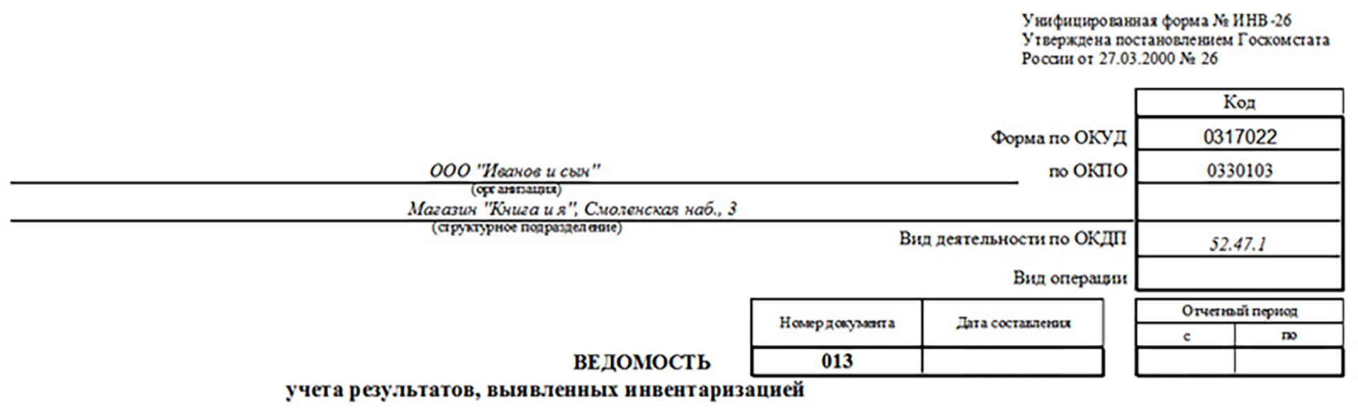 Форма ИНВ-26 | Ведомость учета выявленных инвентаризацией результатов